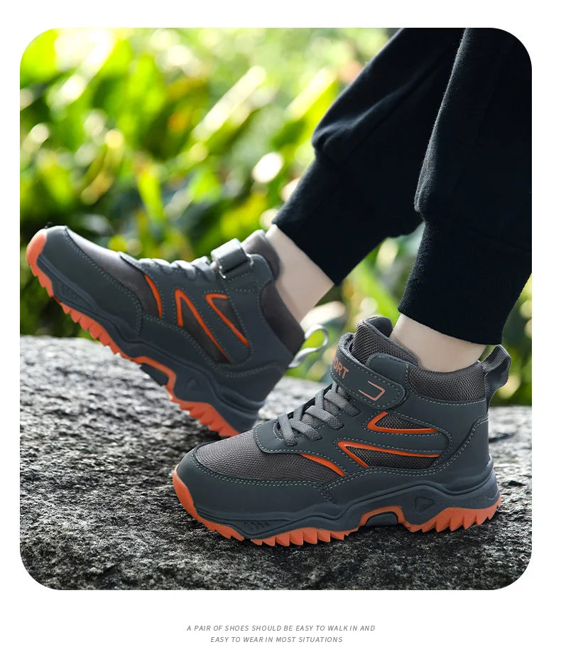 Chaussures de sport antidérapantes en cuir pour enfants, baskets de course respirantes, noires, à la mode, de randonnée, taille 29-40, nouvelle collection