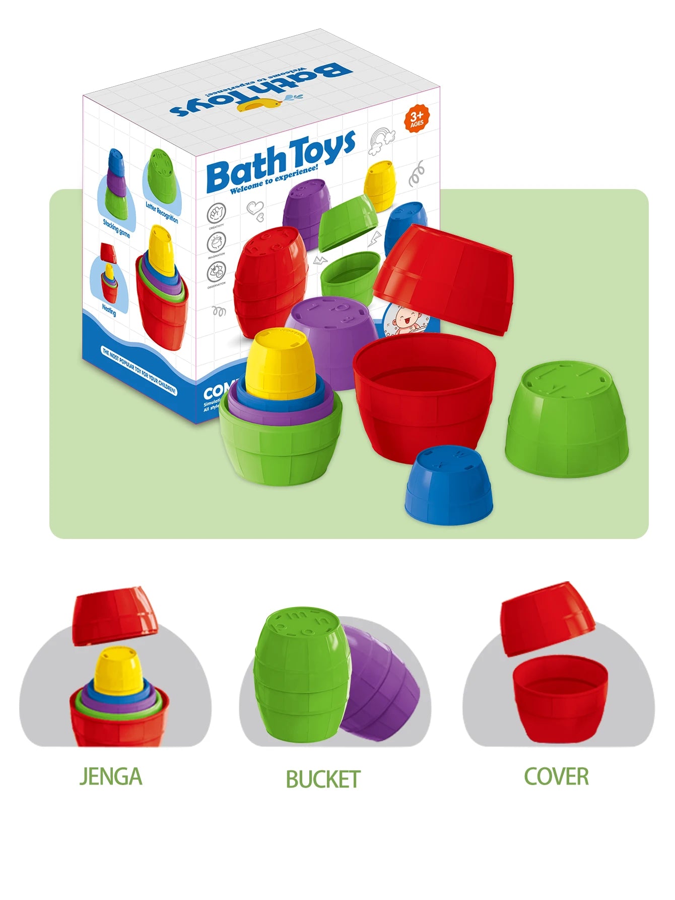 Jouets de bain pour bébé, tasse empilable, jouet pour tout-petits, couleurs aléatoires, tour empilable océan, baignoire, eau, plage, jeu de salle de bain, cadeaux