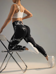 Leggings sans couture Tie Dye pour femmes, pantalons de Yoga taille haute, froissés, collants élastiques de levage des fesses, Leggings de sport à large ceinture