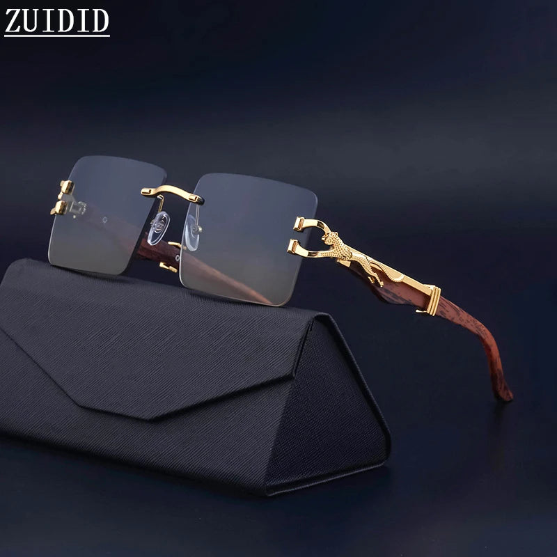 Frameless square wooden sunglasses for men and women, vintage, fashionable, luxury, retro, 2023