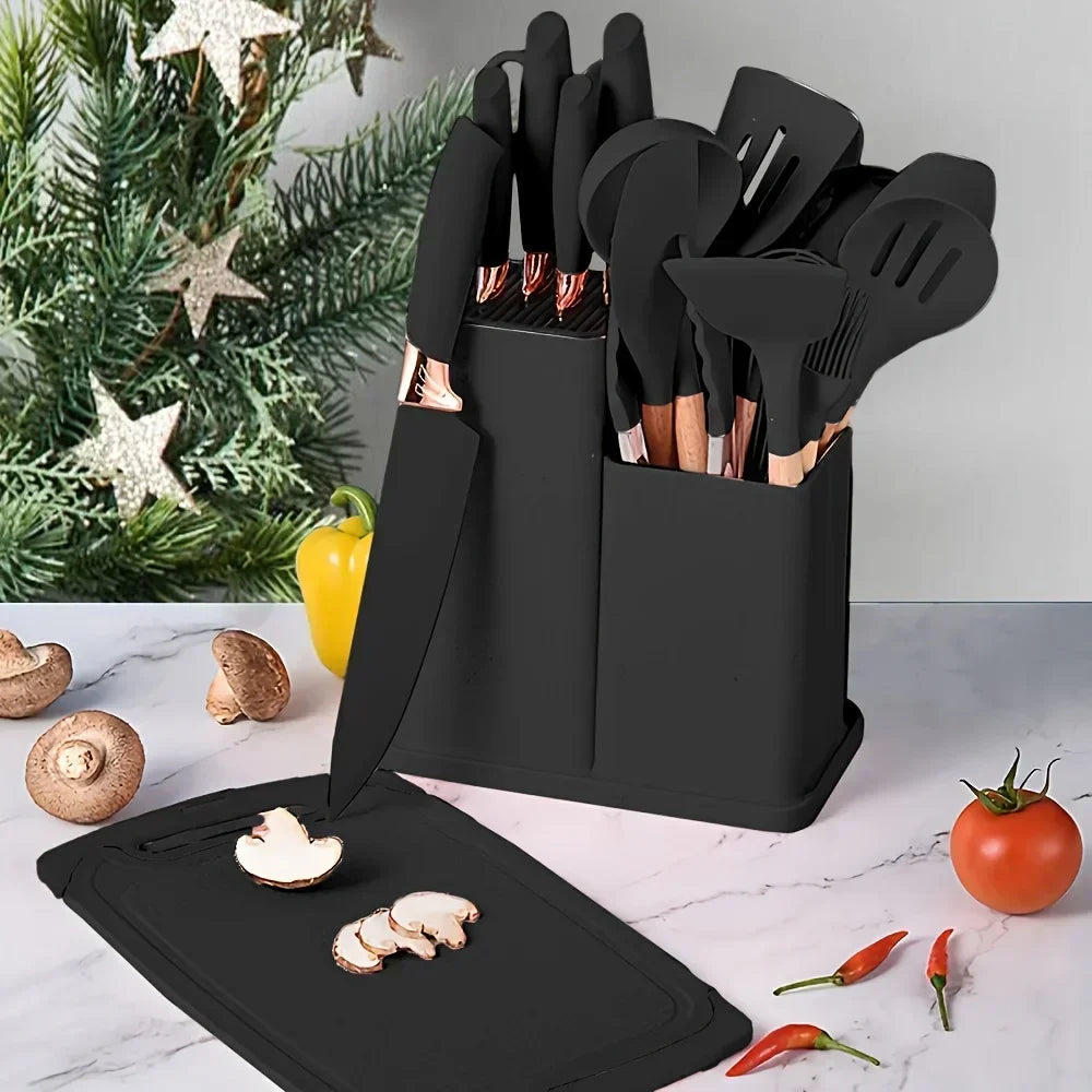 Ensemble d'ustensiles de cuisine antiadhésifs en Silicone, 19 pièces, avec couteaux, outils résistants à la chaleur dans un rangement en bambou, parfait pour la cuisine