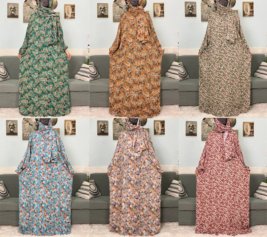 Abayas musulmanes en coton pour femmes, vêtement de prière traditionnel à fleurs pour Ramadan, Caftan africain, Marocain, Robe connectée, foulard