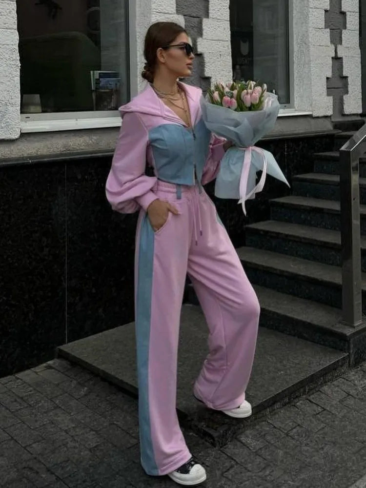 Mode Patchwork Denim 2 pièces ensembles femmes tenue mince sweats à capuche haut court jambe large pantalons de survêtement costume Streetwear survêtements de sport