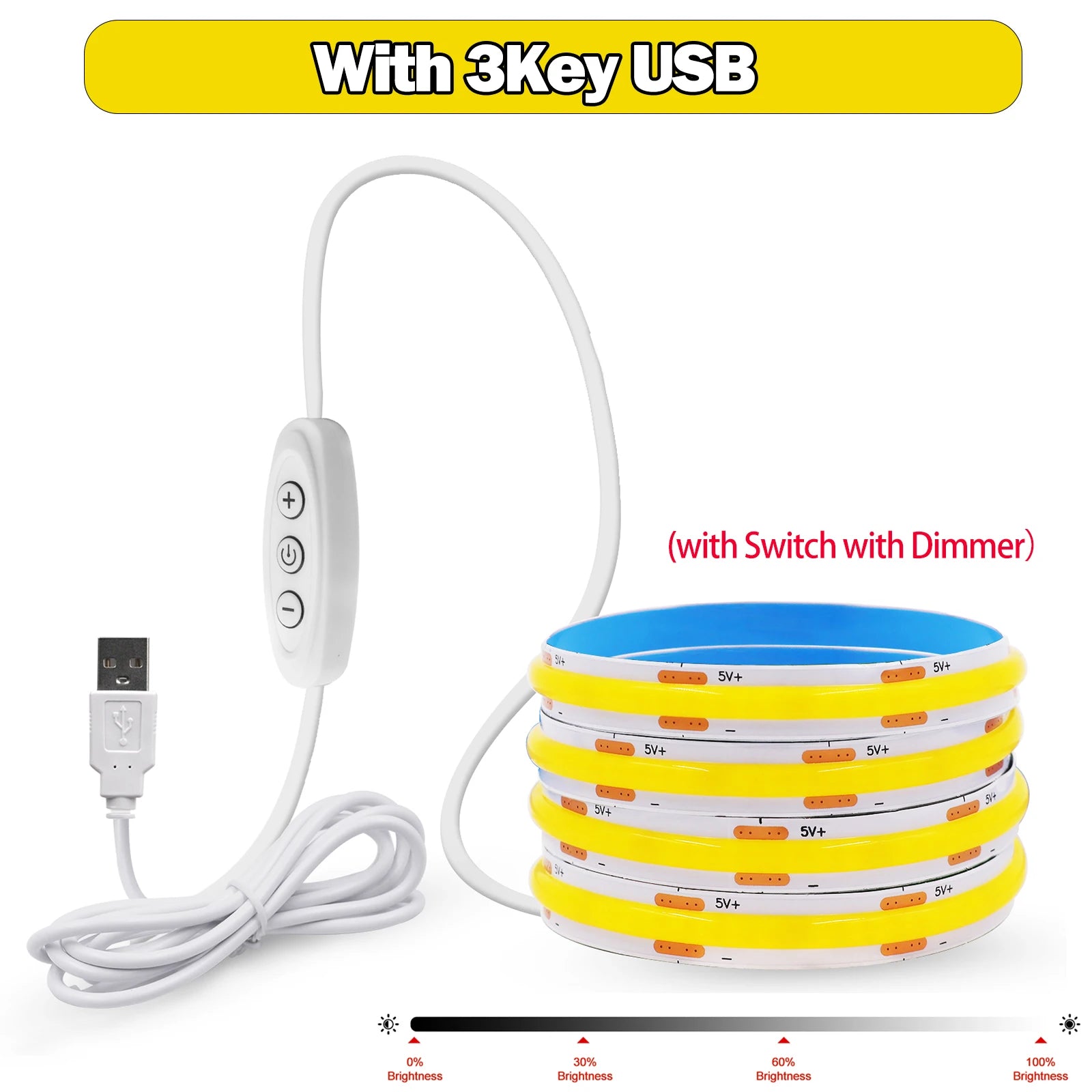 5V USB LED Strip Light, 320 LEDs/M COB, Dimmable Touch Sensor Switch/Push Switch, DIY, TV Mirror, Backlighting, Night Light for Room
