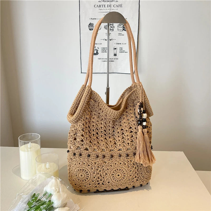 Sac à main tissé de grande capacité, sac à bandoulière ajouré, fourre-tout en Crochet, fourre-tout bohème tissé pour femmes, sacs de Shopping tricotés