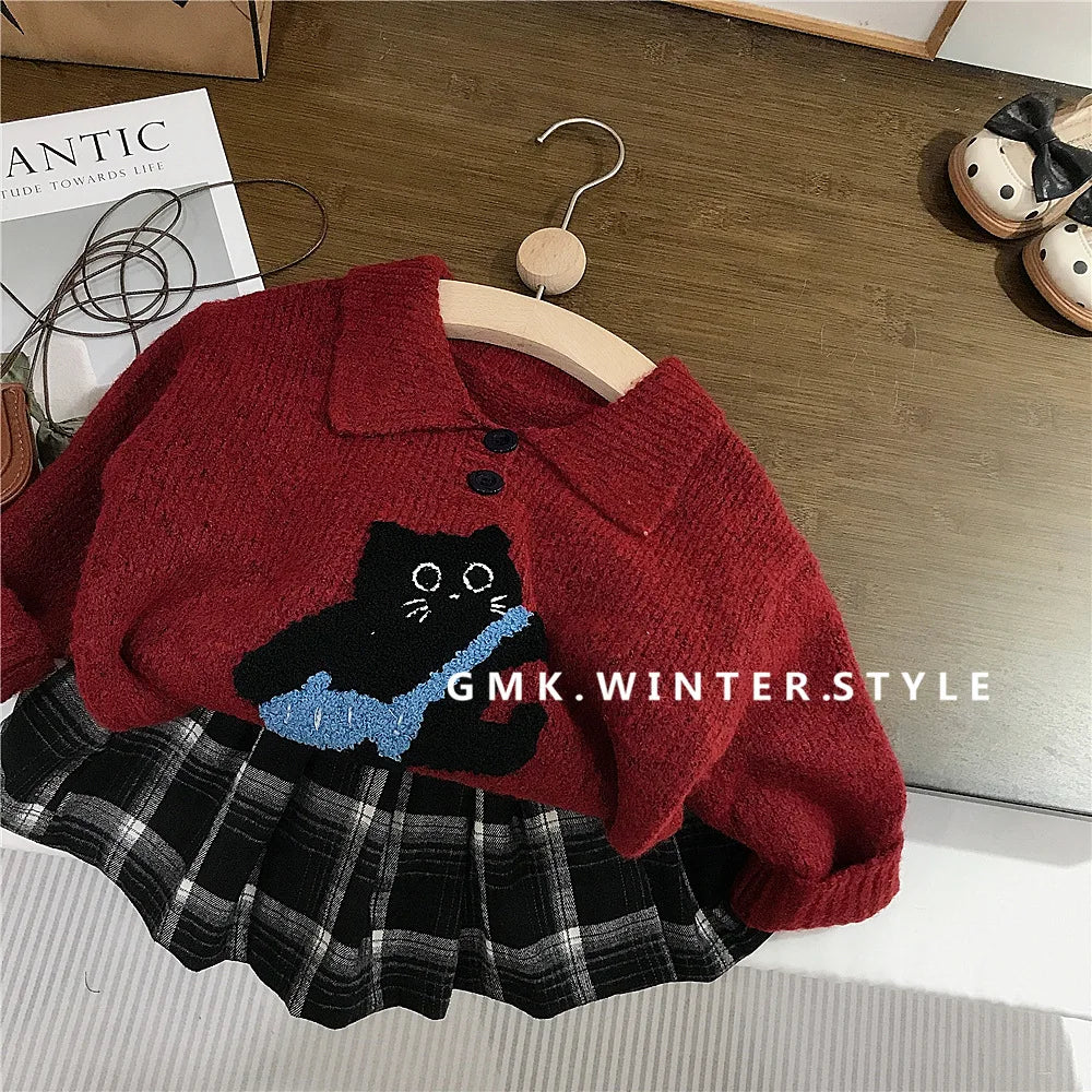 Automne hiver enfants vêtements coton chat Jacquard col rabattu enfant fille pull costumes ample Plaid enfant en bas âge bébé fille jupes