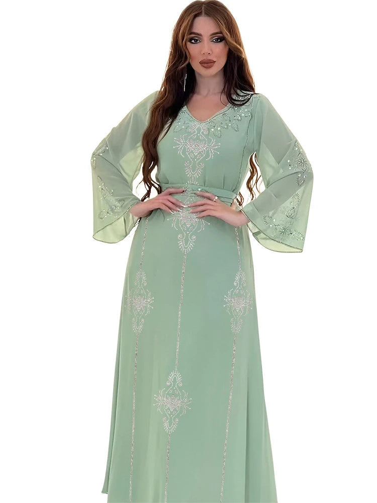 Eid Jalabiya - Women's Muslim Evening Dress, Diamond Lace-Up Arabic Abayas, Long Dresses, Elegant Dress, Educational Dress for Ramadan