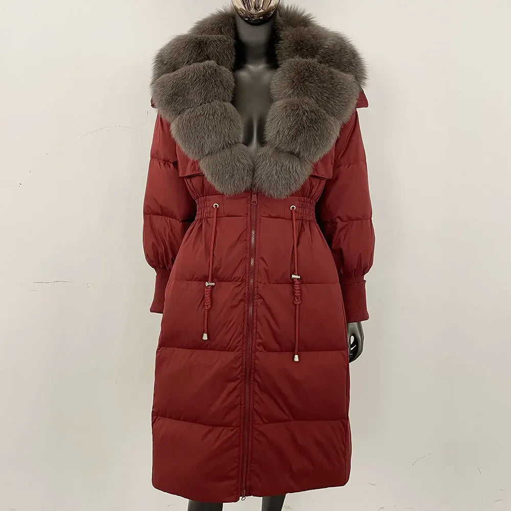 Doudoune longue avec col en fourrure pour femme, pardessus en fourrure de renard, longueur aux genoux, à la mode, chaude, cintrée à la taille, vêtements d'extérieur amincissants