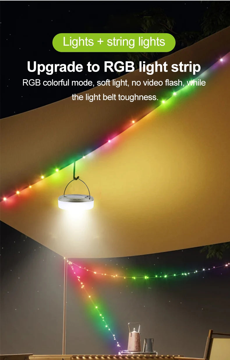 Guirxiété Solar Light for Outdoor Camping, LED Flashlight with Hook, Tent Light, RGB Lights, Stopovers, 10m