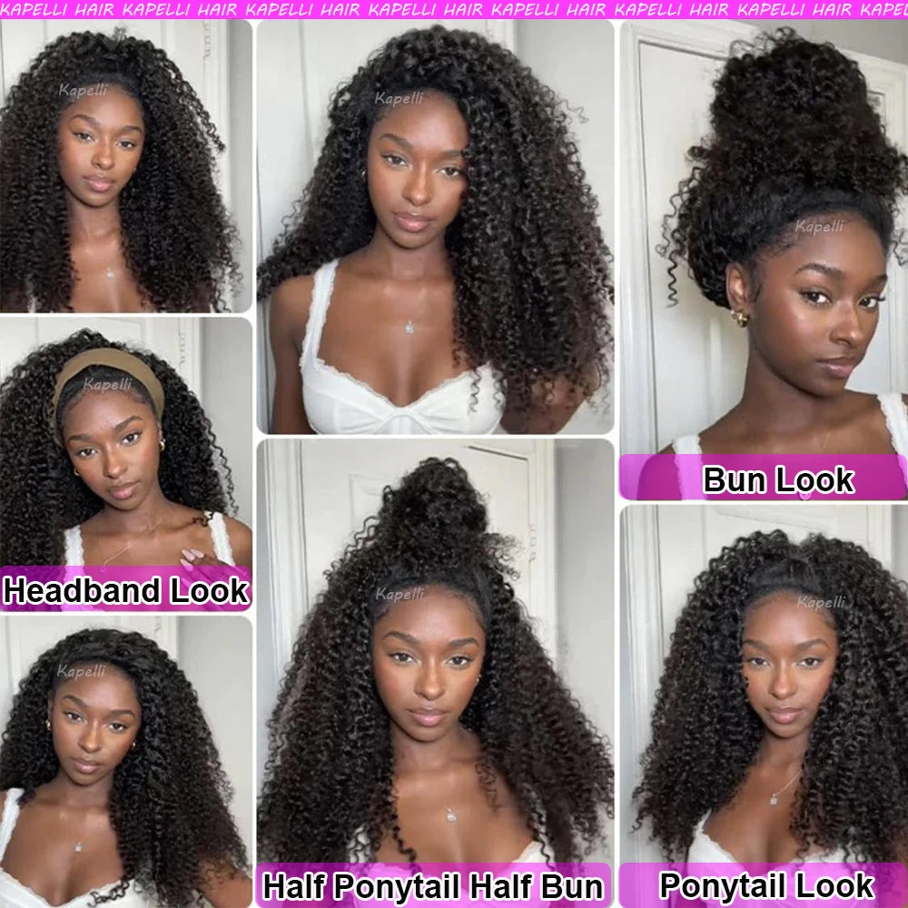 Demi-perruque cheveux humains crépus bouclés sans colle perruque cheveux humains prêt à porter 3 en 1 demi perruque avec cordon 250 densité bouclée demi-perruque