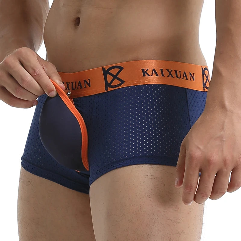 Men's underwear boxer shorts with removable front, jockstraps, and padded briefs.