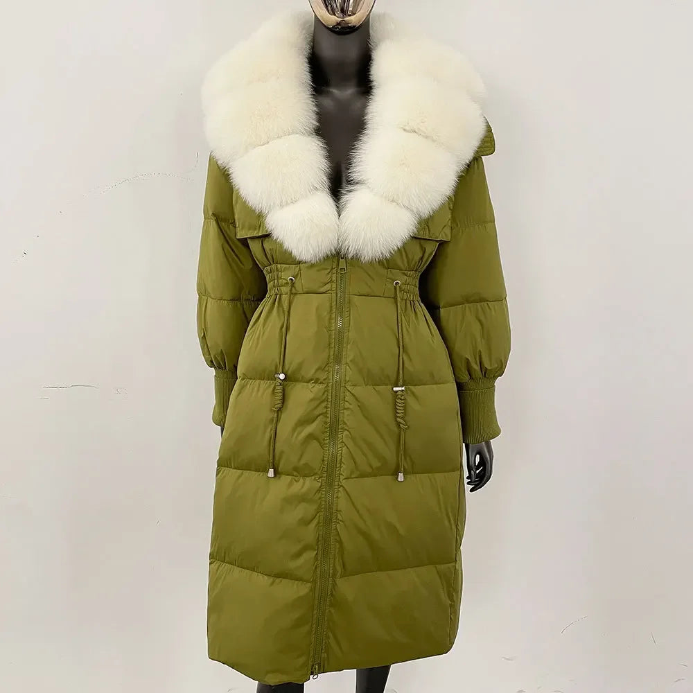 Doudoune longue avec col en fourrure pour femme, pardessus en fourrure de renard, longueur aux genoux, à la mode, chaude, cintrée à la taille, vêtements d'extérieur amincissants