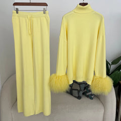 Ensemble pull et pantalon tricotés en laine et mélange pour femme, avec poignets en vraie fourrure de mouton mongole, costume tricoté de haute qualité 2025