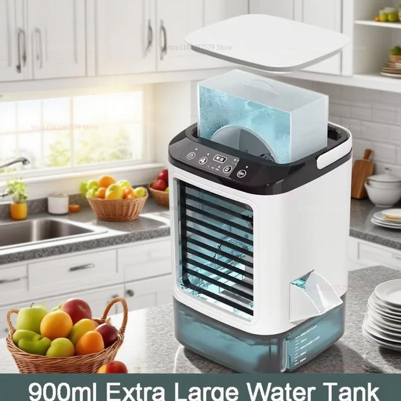 Mini portable desktop air cooler fan, quiet operation, equipped with a spray humidifier, ideal for cooling and hydrating, for the office and home.