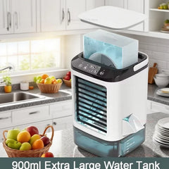 Mini portable desktop air cooler fan, quiet operation, equipped with a spray humidifier, ideal for cooling and hydrating, for the office and home.