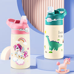 400ML enfants bouteille d'eau dessin animé Animal tasse pour enfants avec paille en acier inoxydable flaques sous vide bouteille Thermos tasse thermique tasses