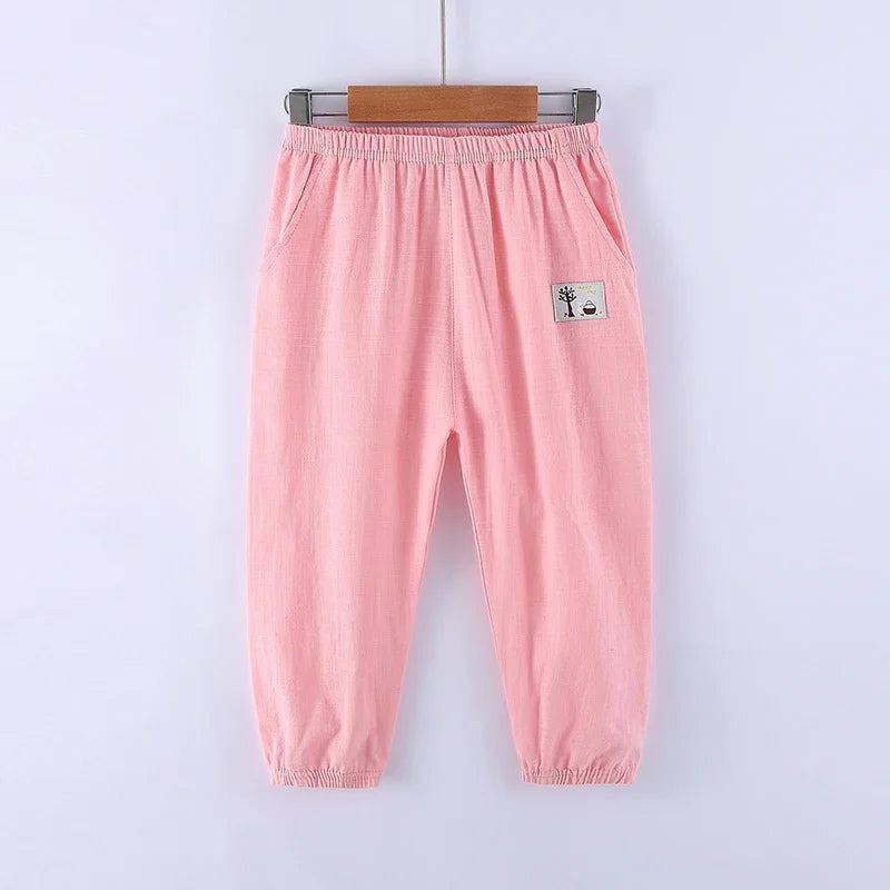 Pantalons pour enfants pour garçons et filles, en coton et lin, taille élastique, couleur unie, pantalons moustiques d'été, vêtements pour enfants, pantalons longs 100-160cm