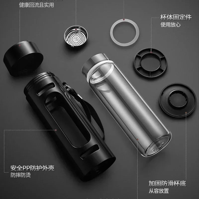 400, 600, 800, 1000ml glass bottle/cup with filter cord, plastic case, glass cup, water bottle, business gift, black/blue