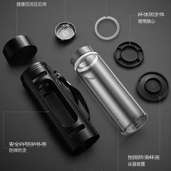 400, 600, 800, 1000ml glass bottle/cup with filter cord, plastic case, glass cup, water bottle, business gift, black/blue