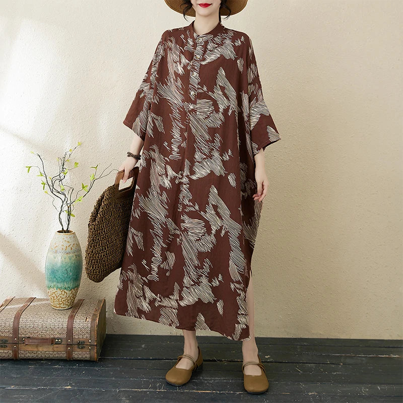 Summer commute. Cotton linen print loose long dress with high neck A-line skirt. Seven long dresses available in plus sizes.