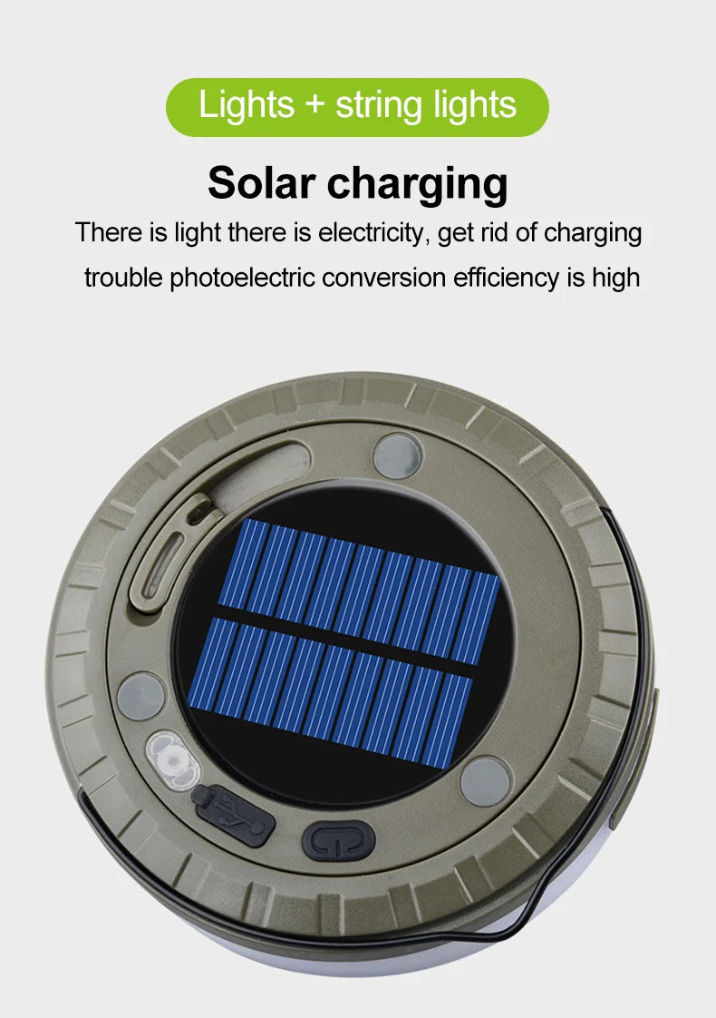 Guirxiété Solar Light for Outdoor Camping, LED Flashlight with Hook, Tent Light, RGB Lights, Stopovers, 10m