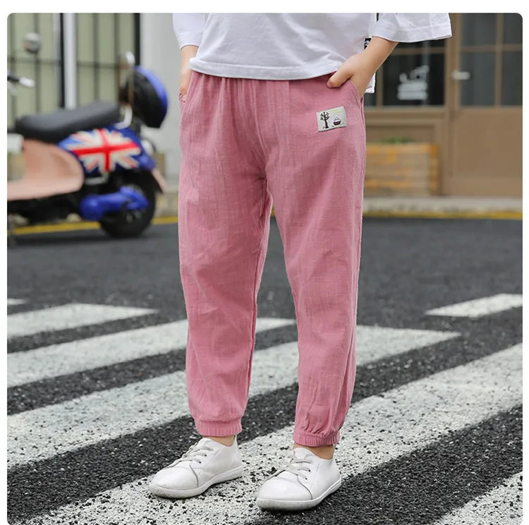 Pantalons pour enfants pour garçons et filles, en coton et lin, taille élastique, couleur unie, pantalons moustiques d'été, vêtements pour enfants, pantalons longs 100-160cm