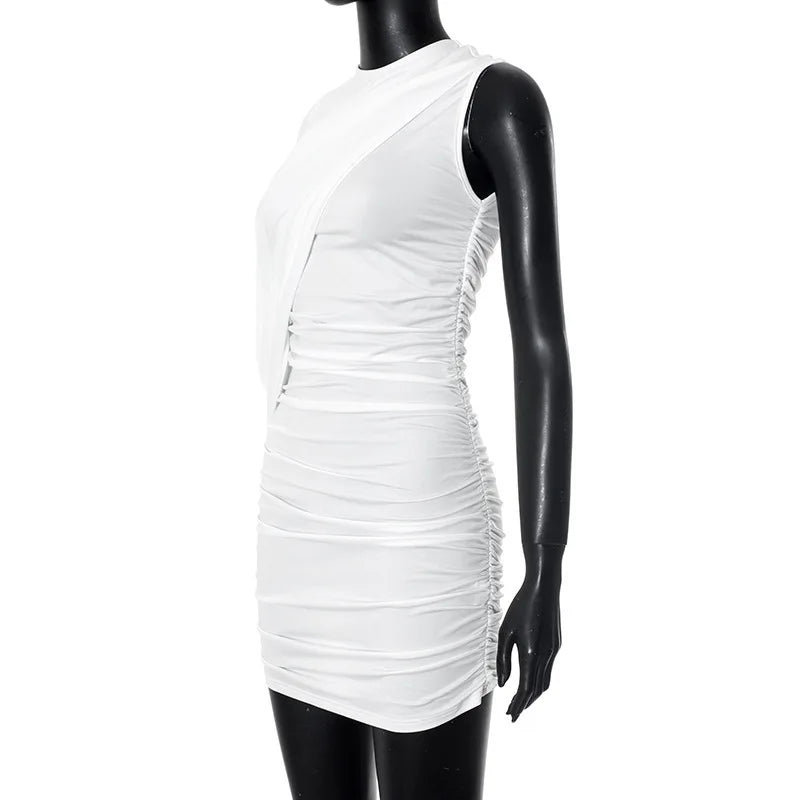 Joskaa – Mini robe plissée élégante, col rond, asymétrique, manches simples, façonnant le corps, pour femmes, vêtements de club de fête de vacances d'été, 2025