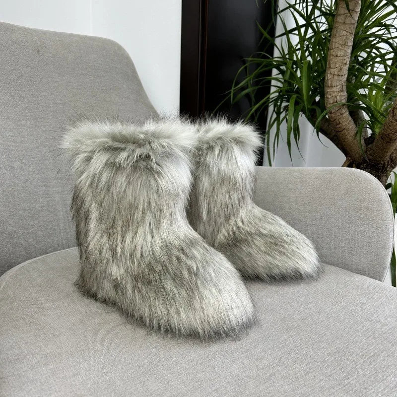 Nouveau Hiver fourrure une pièce fourrure de raton laveur femme bottes de neige chaussures de fourrure en plein air mi jambe bottes
