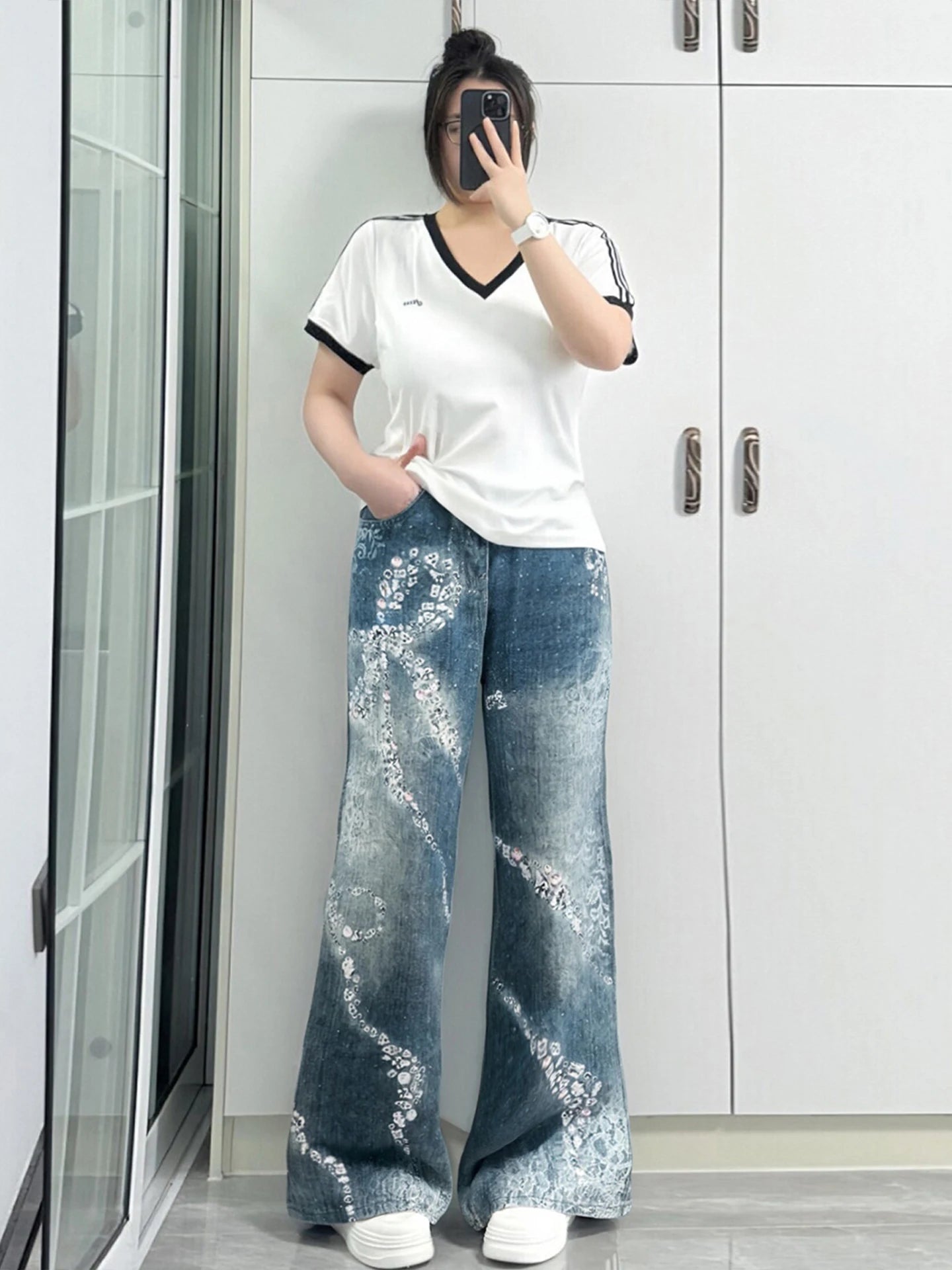 Jean de loisirs imprimé papillon pour fille américaine, grande taille, bleu, polyvalent, mode coréenne, pantalon Long à jambes larges, nouvelle collection été