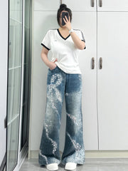 Jean de loisirs imprimé papillon pour fille américaine, grande taille, bleu, polyvalent, mode coréenne, pantalon Long à jambes larges, nouvelle collection été