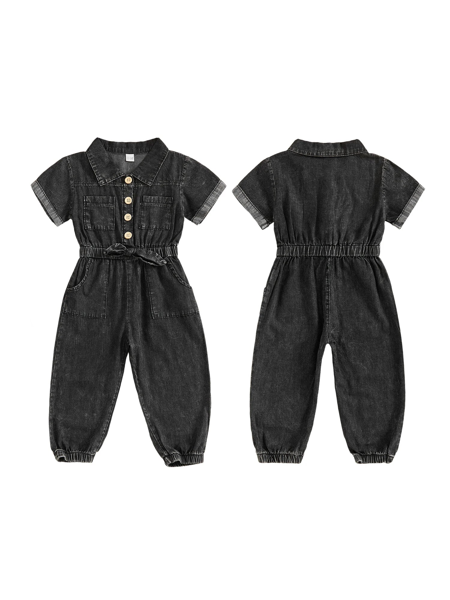 Barboteuse en jean pour petites filles, manches courtes, revers boutonné, combinaison pleine longueur avec poches