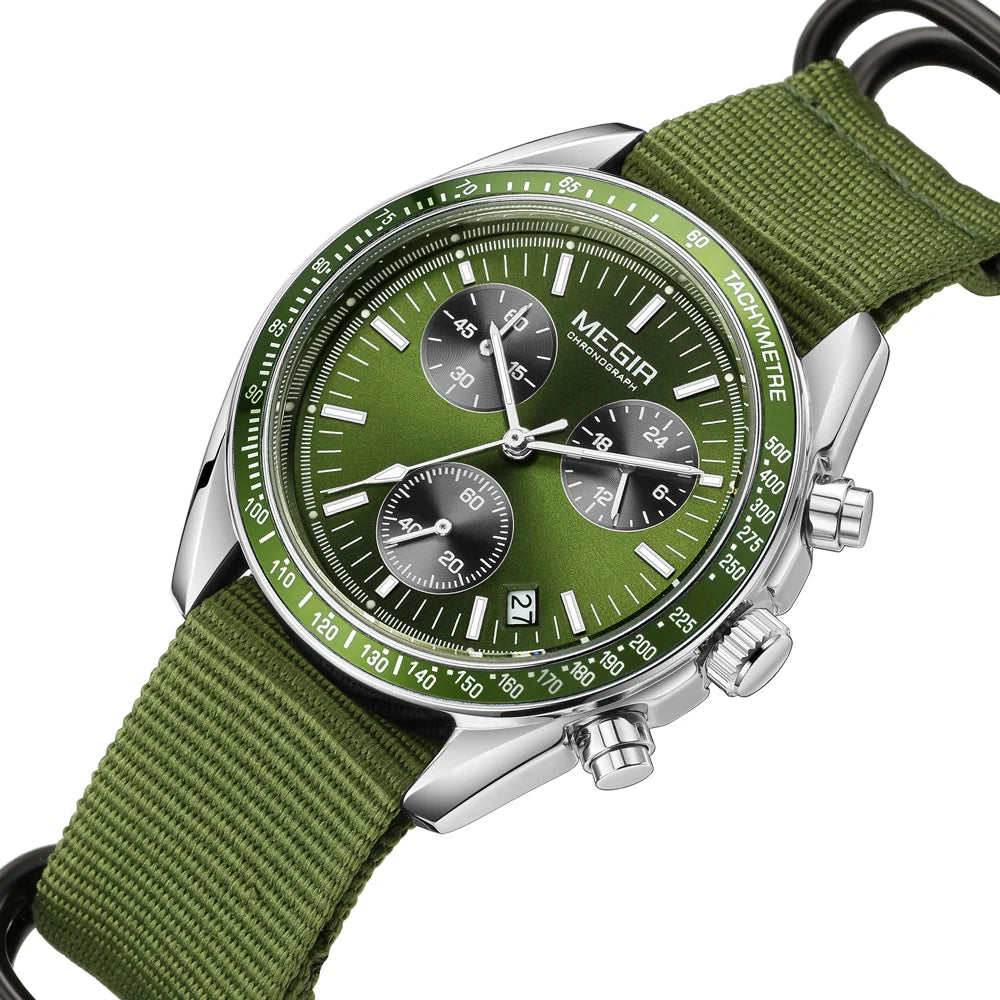 MEGIR montre à Quartz à trois yeux pour hommes bracelet tressé en Nylon étanche sport lumineux avec chronographe montre-bracelet de mode homme