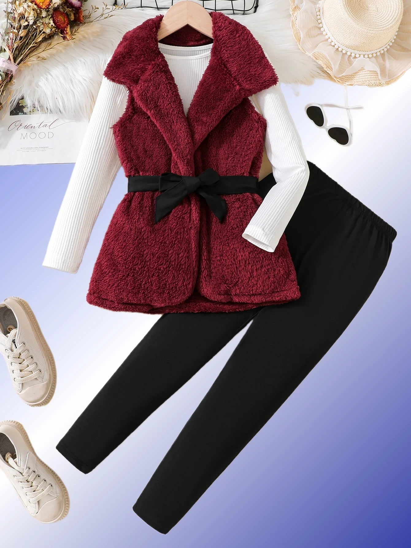 Gilet en velours d'agneau rouge vin pour enfants, haut à bande de fosse, mince, longue ceinture, costume simple amincissant, hiver, filles, 3 pièces