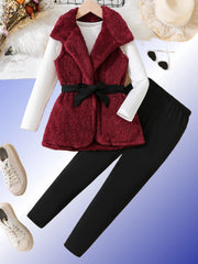 Gilet en velours d'agneau rouge vin pour enfants, haut à bande de fosse, mince, longue ceinture, costume simple amincissant, hiver, filles, 3 pièces
