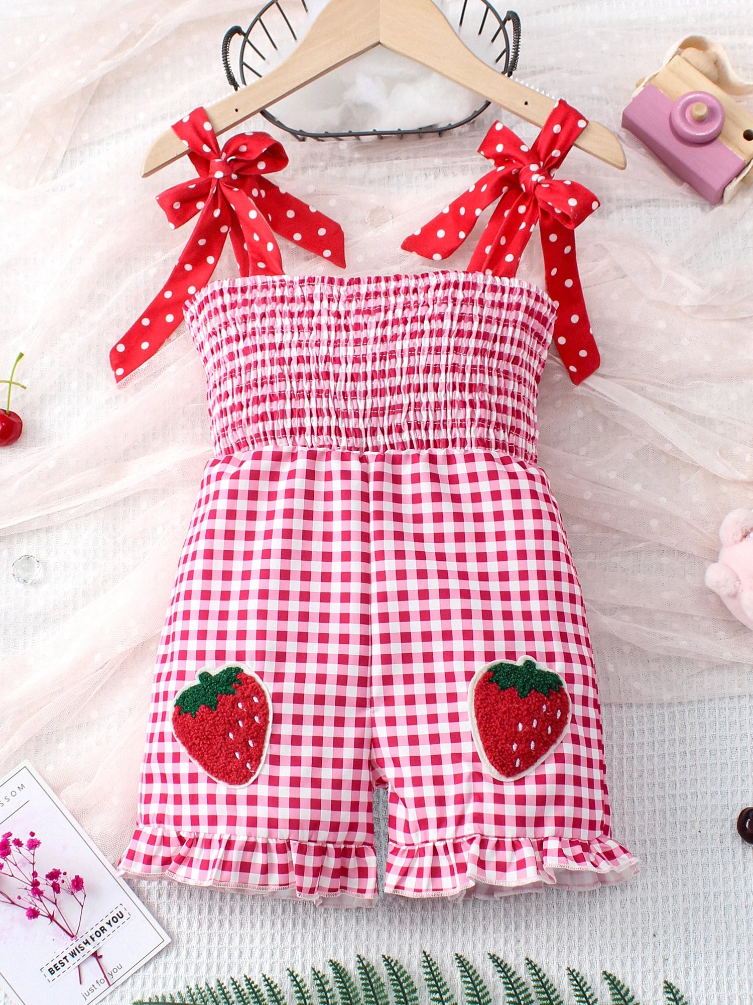 Combinaison d'été à carreaux pour filles, motif fraise, rouge, mignon, comparateur de jeu, mode, littérature, bébé, 1 pièce