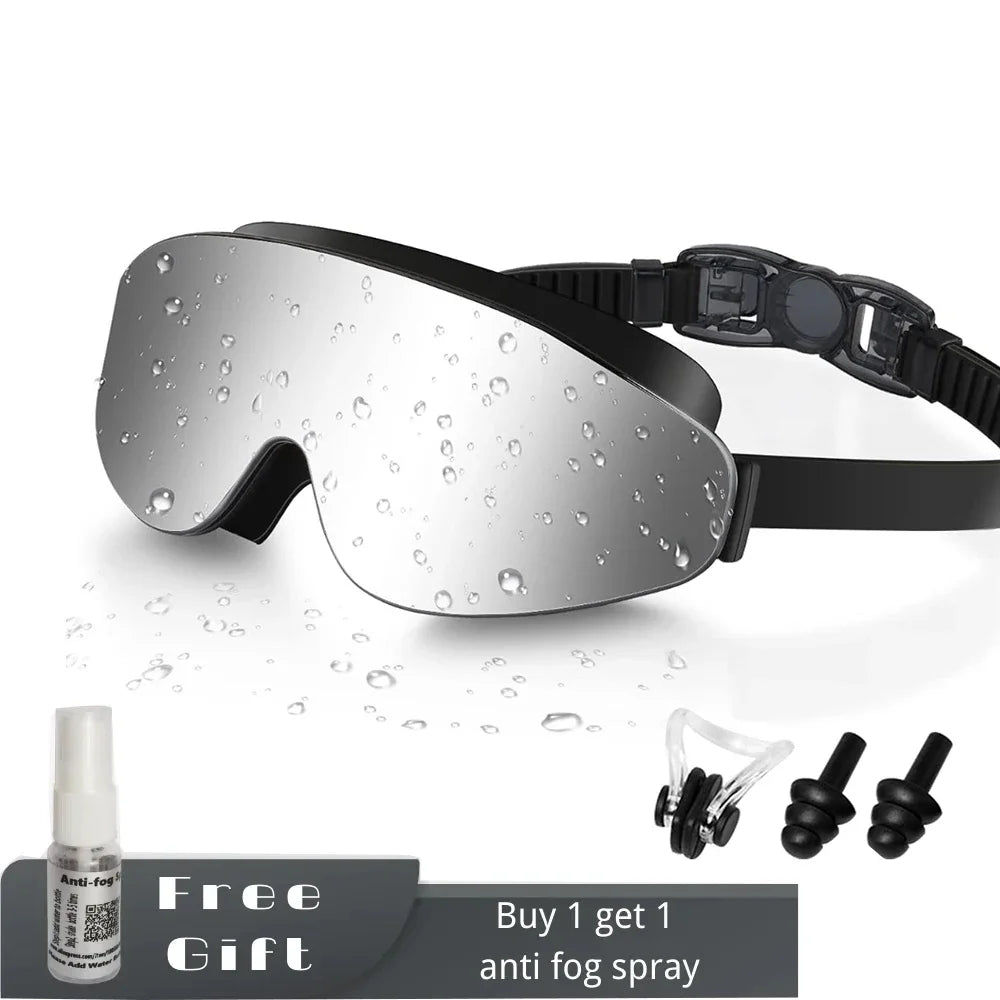 Lunettes de natation polarisées pour enfants de 4 à 16 ans, avec spray de brouillard, bouchon d'oreille à clip antarctique, vue large, anti-buée et anti-fuite