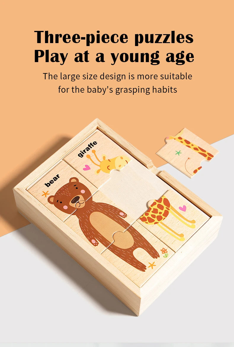 Puzzle assorti en forme d'animal de dessin animé pour enfants, planche de puzzle de cognition de mots anglais pour l'éducation précoce des bébés, jouet en bois