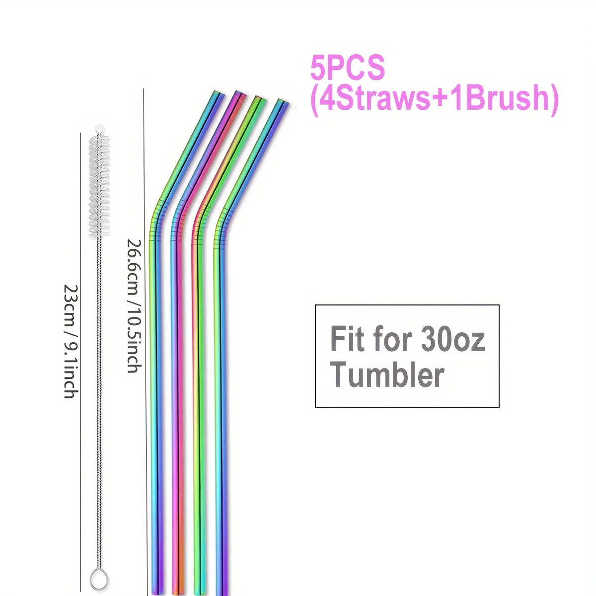 Paille de couleur réutilisable en acier inoxydable, 21cm 26cm 30cm, adaptée à une tasse de capacité de 20oz 30oz 40oz avec brosse