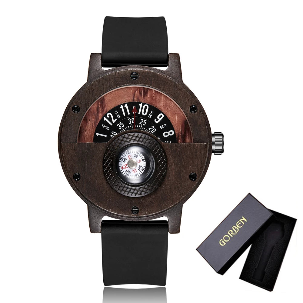 Montre en bois naturel pour hommes, Table rotative, cadran boussole, véritable bois de noyer, ébène, bambou, Concept marron, montre à Quartz