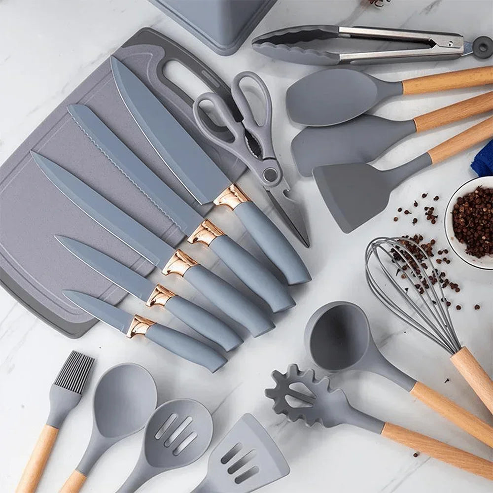 Ensemble d'ustensiles de cuisine antiadhésifs en Silicone, 19 pièces, avec couteaux, outils résistants à la chaleur dans un rangement en bambou, parfait pour la cuisine