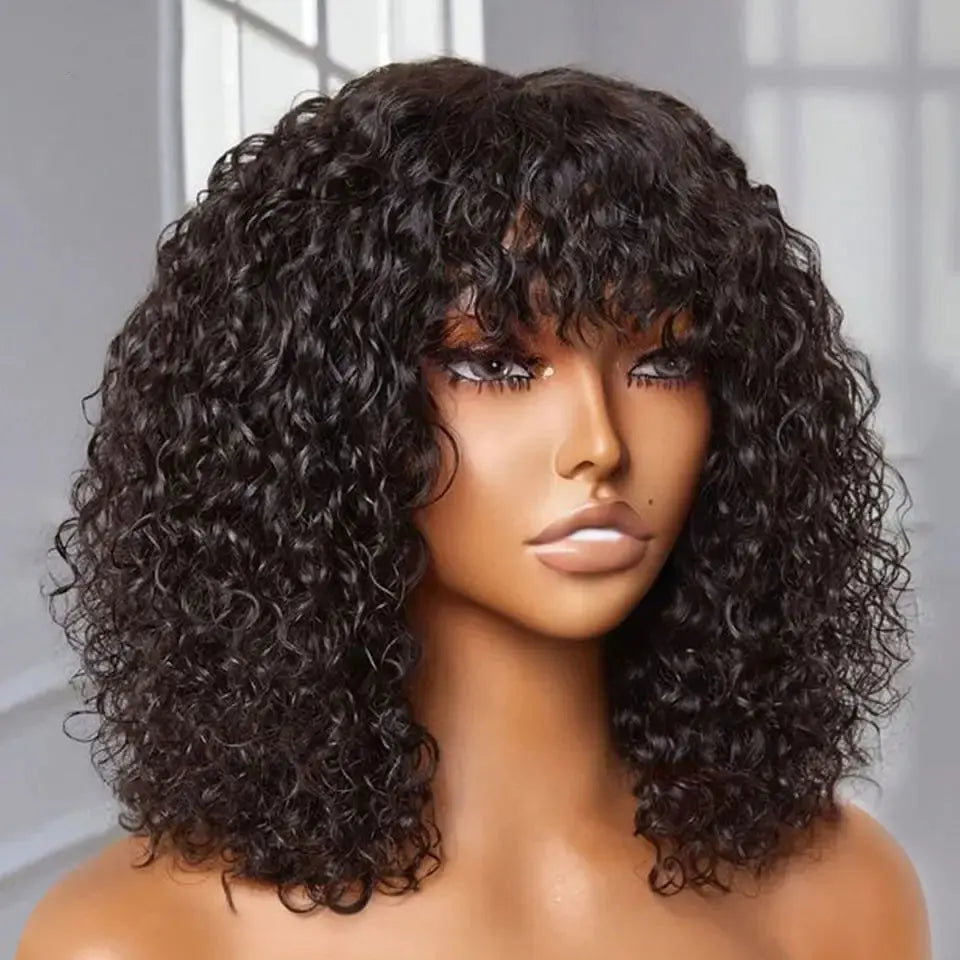 Perruques de cheveux humains Pixie Cut Bob avec frange pour femme, perruque pleine machine bouclée, surbrillance, couleur blond miel, court, caution