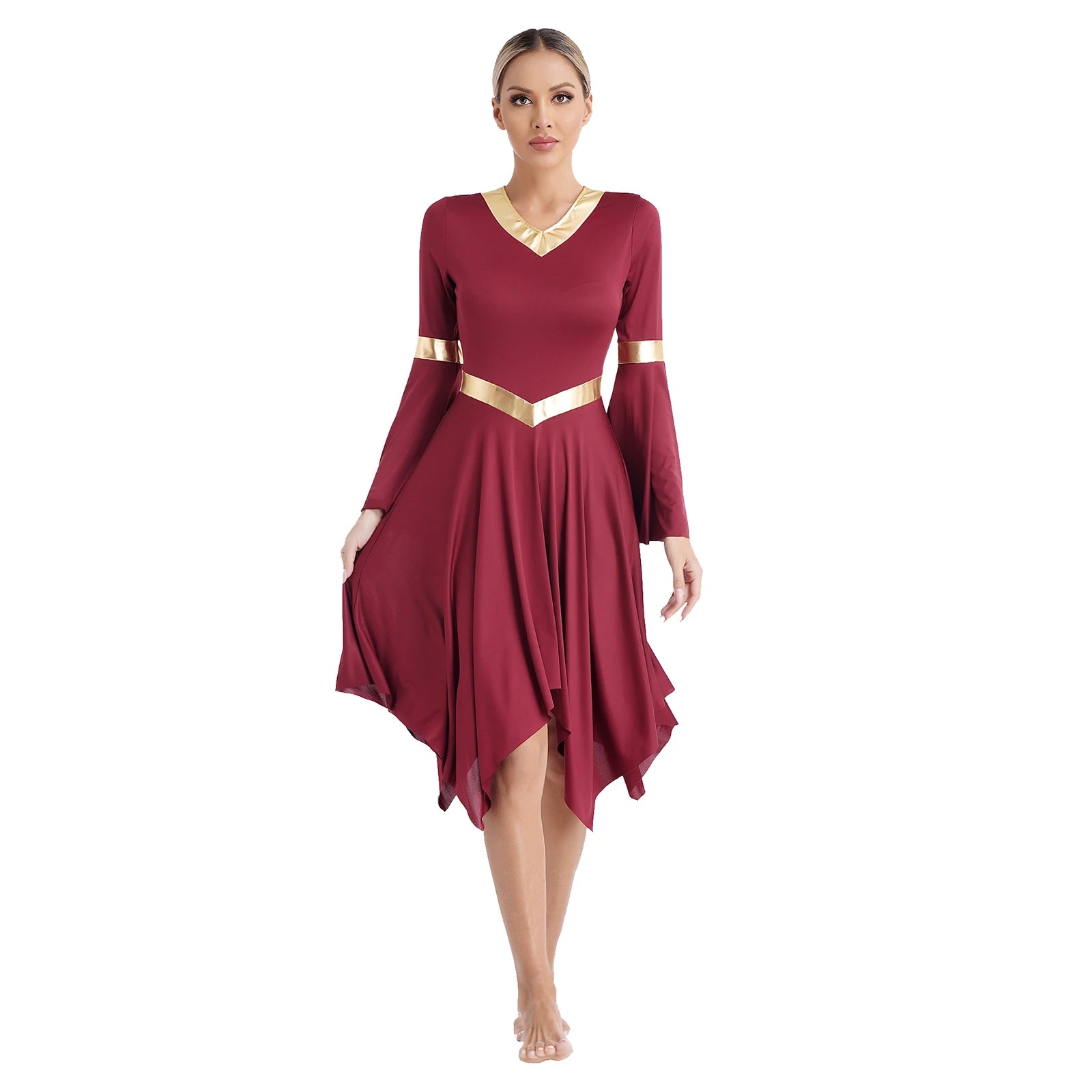 Robe de danse lyrique à manches longues pour femmes, robe à ourlet irrégulier, costume de spectacle liturgique, vêtements de danse modernes, culte de la chorale d'église