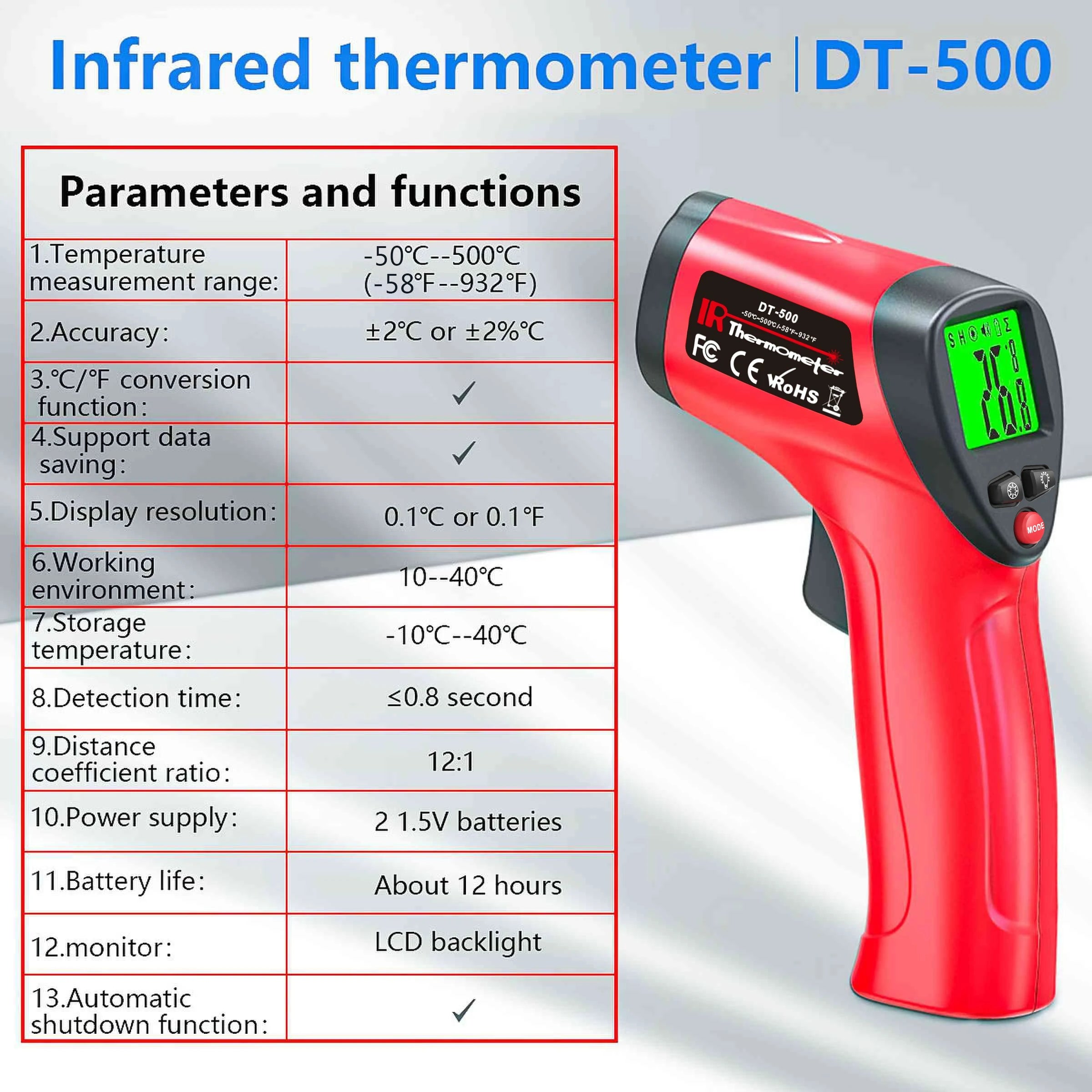Pistolet thermomètre infrarouge -50 ~ 500 ° Pistolet de température Laser sans contact C, capteur de température portatif, pyromètre numérique LCD rétroéclairé