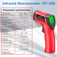 Pistolet thermomètre infrarouge -50 ~ 500 ° Pistolet de température Laser sans contact C, capteur de température portatif, pyromètre numérique LCD rétroéclairé