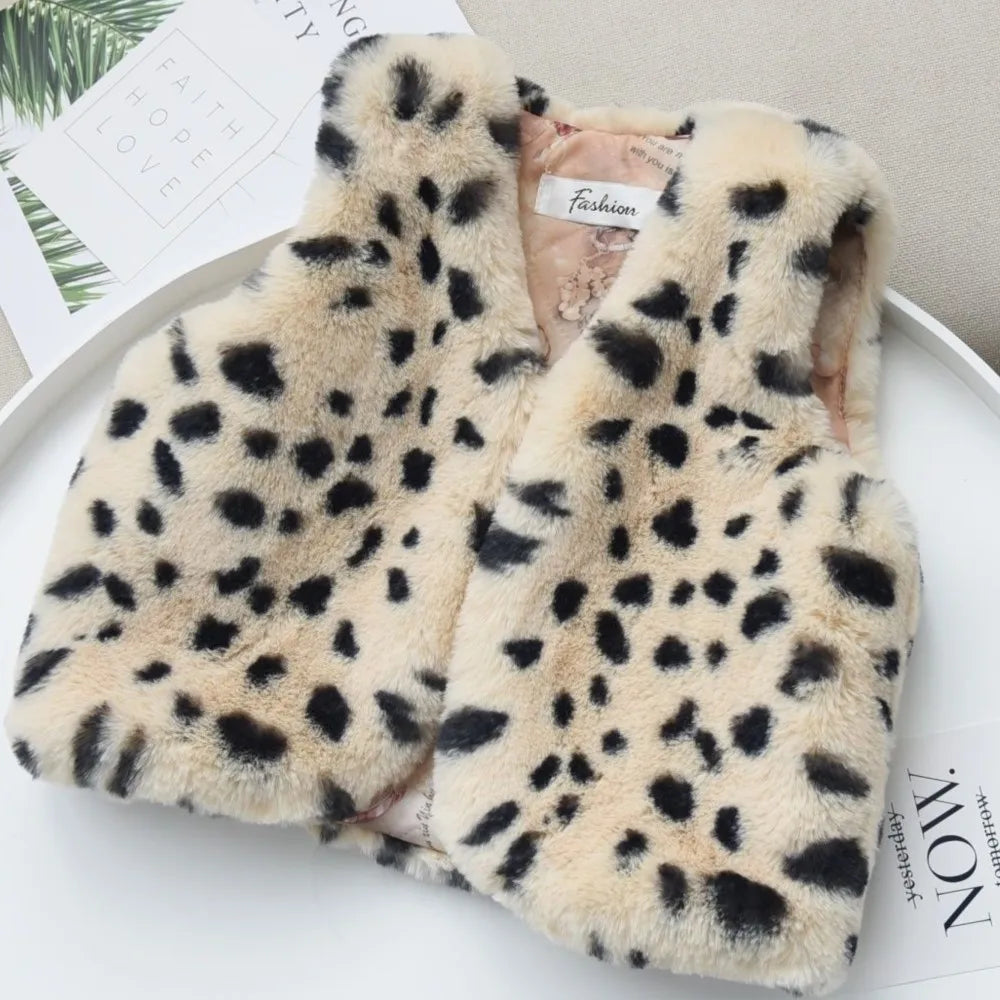 2025 mode léopard filles bébé fausse fourrure gilets manteaux enfants automne hiver vêtements enfants hauts vêtements pardessus 1-12Y
