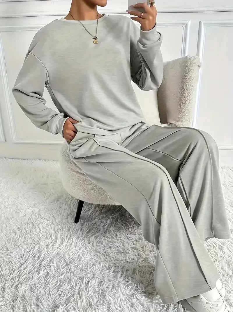 Ensemble deux pièces pour femmes, décontracté, col rond, manches longues, sweat-shirt, pantalon à jambes larges, costumes automne hiver, mode dames, tenue de bureau