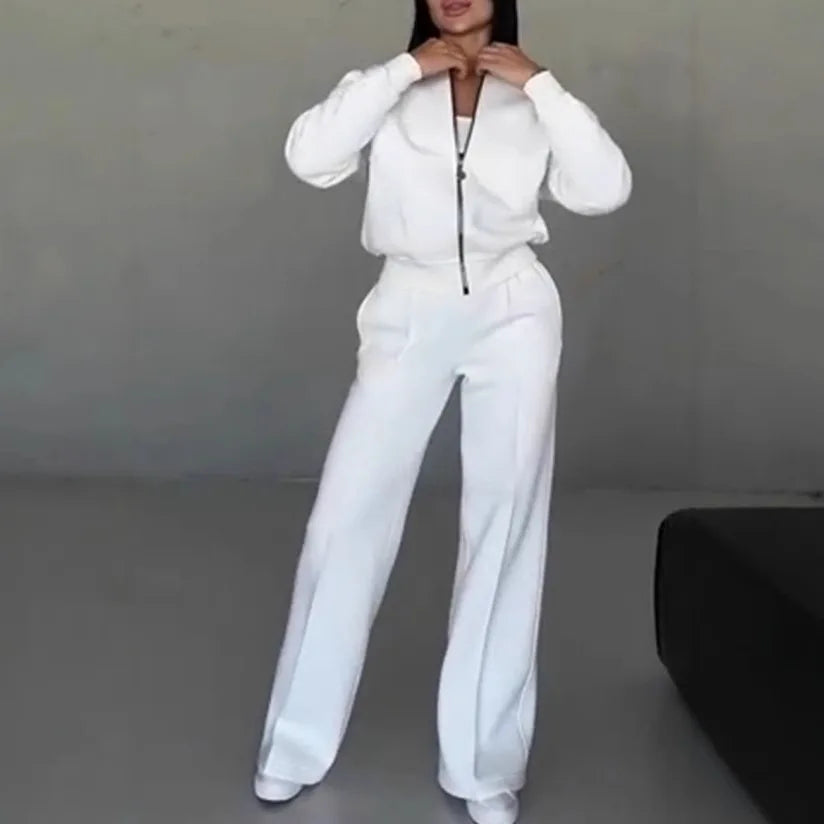 Women's two-piece casual set, solid color, sweatshirt, long sleeves, zip-up coat, long pants, pockets, elegant, autumn/winter 2025