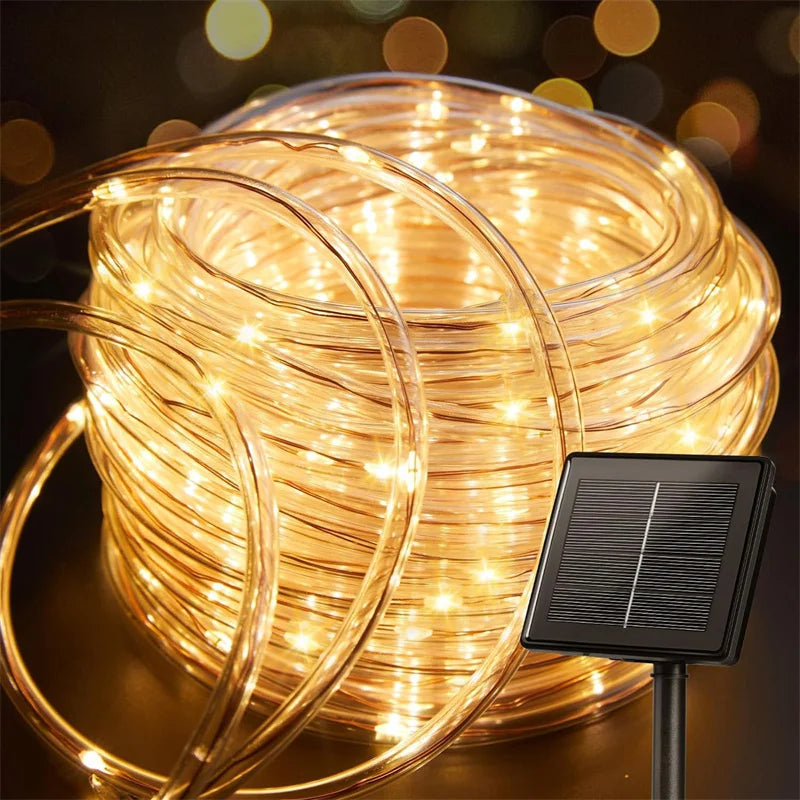 Solar string lights, outdoor tube rope lights, waterproof tube lights for outdoor home, garden, parties, and decorations. LED outdoor lights.