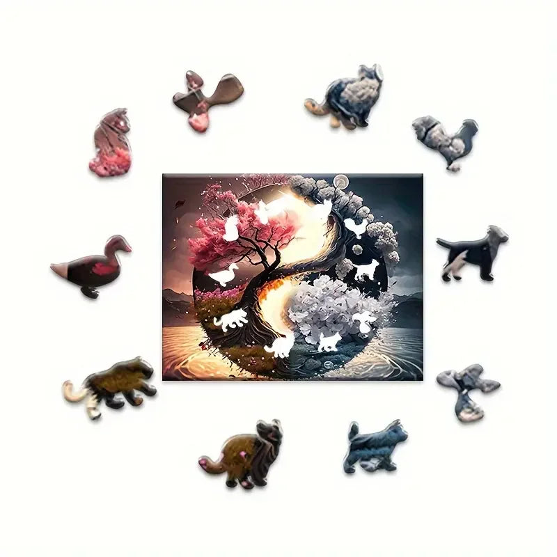 Puzzle en bois créatif Yin Yang soleil, lune, arbre de vie, décoré à la main, amusant pour explorer les puzzle, jouets éducatifs, cadeau d'anniversaire