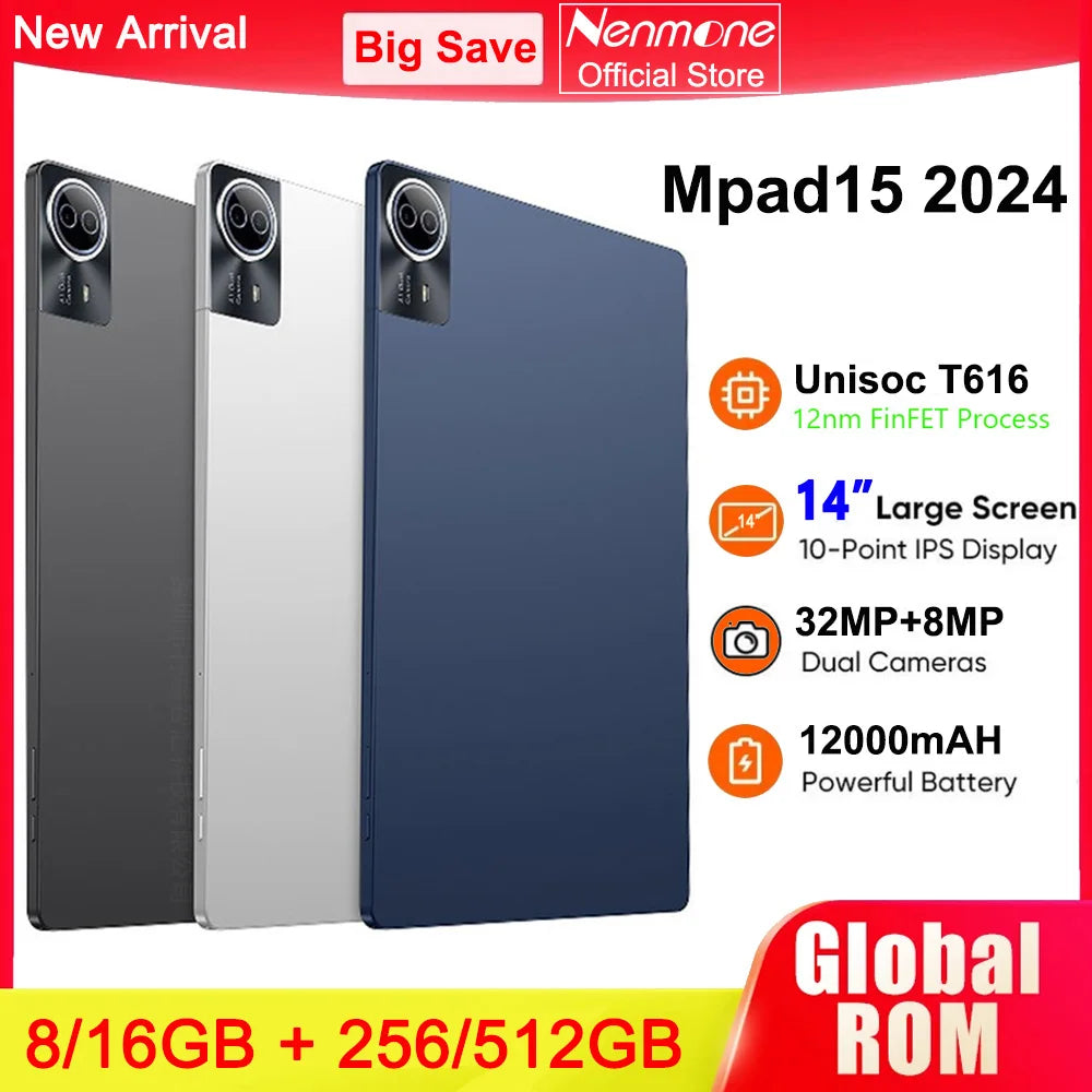 2025 Version mondiale Super grand écran 14 pouces tablette Android 14 4G appel téléphonique 16GB + 512GB tablettes 14 "GPS 5G WiFi FM 12000mAh